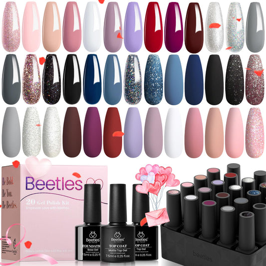Beetles 23Pcs Gel Nail Polish Set with 3Pcs Base Matte and Glossy Top Coat,Nude Gray Pink Blue Glitter Gel Polish Kit Modern Muse Collection,Soak off Uv Gel for Girls Women