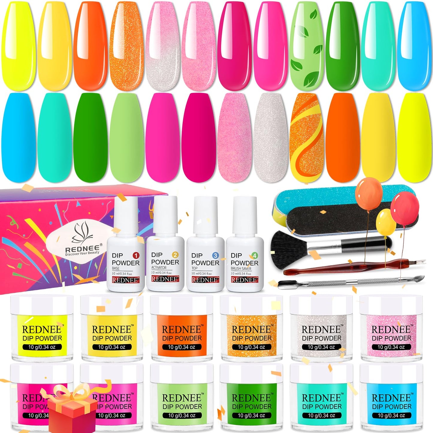 REDNEE 21 Pcs Dip Powder Nail Kit Starter - 12 Sharp Neon Colors Quick Dry Dipping Powder Essential Kit with Everything Needed for Nail Art Design RE37