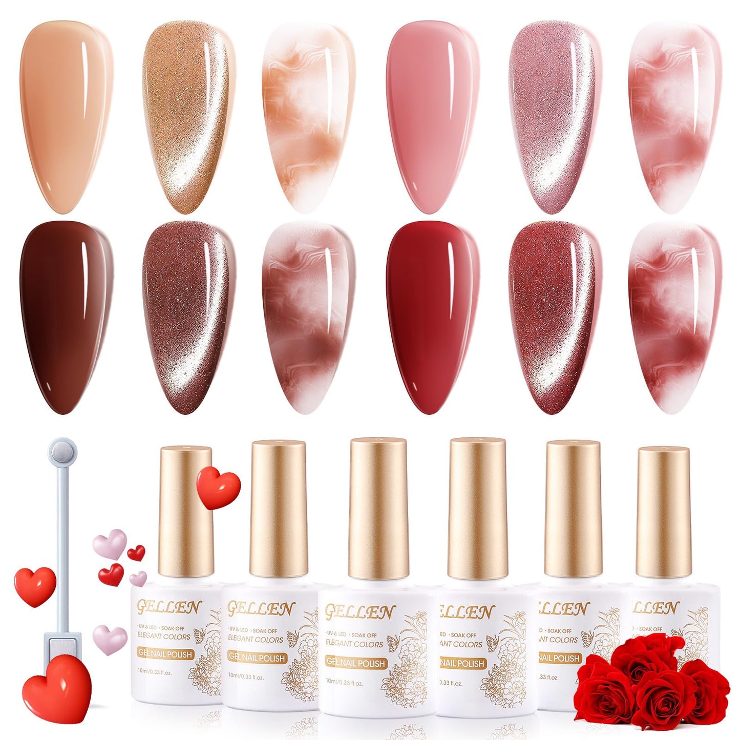 Gellen Gel Nail Polish Kit - 4 Colors Red Burgundy Pink Jelly Gel Nail Polish Set, Soak Off Uv Led Magnetic Cat Eye Nail Gel Polish with Magnet, Blooming Gel Nail Polish for Spreading Effect