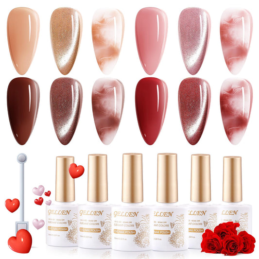 Gellen Gel Nail Polish Kit - 4 Colors Red Burgundy Pink Jelly Gel Nail Polish Set, Soak Off Uv Led Magnetic Cat Eye Nail Gel Polish with Magnet, Blooming Gel Nail Polish for Spreading Effect