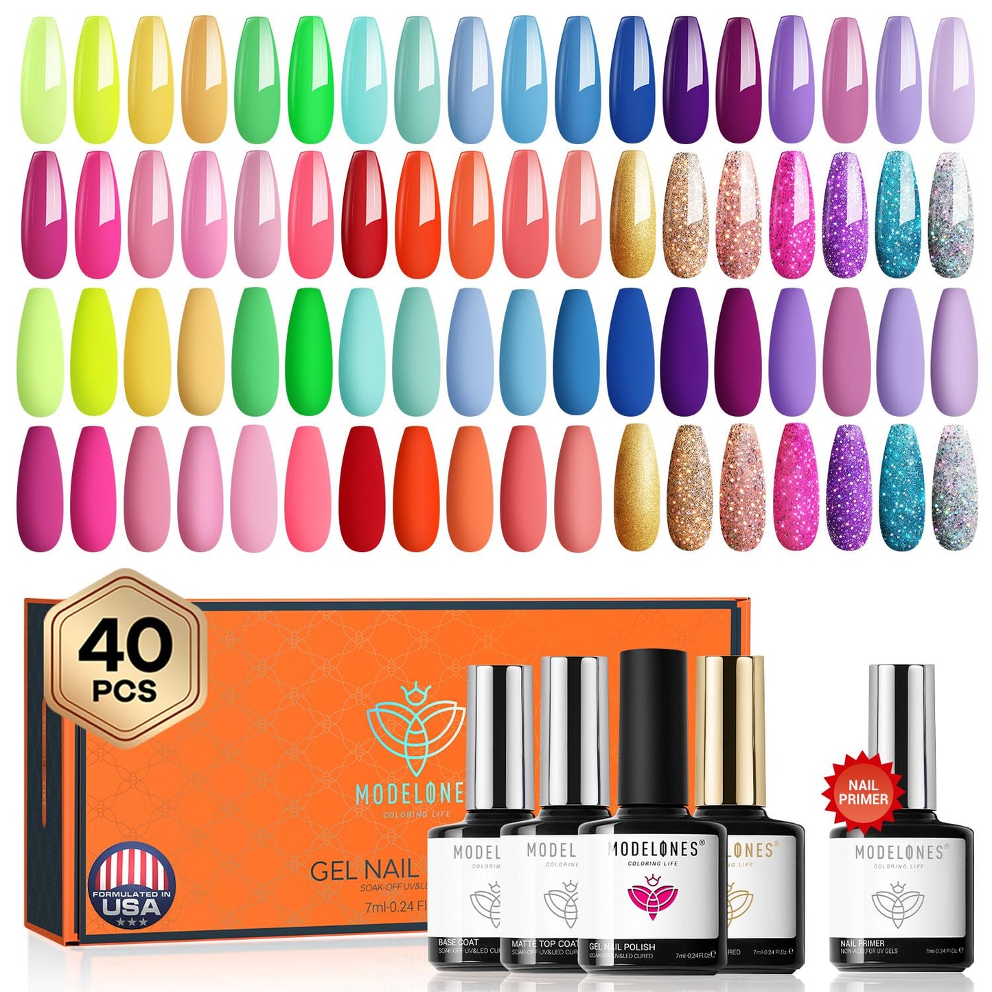 modelones 40 Pcs Gel Nail Polish Set, Spring Summer Rainbow Neon Gel Polish Bright Colors Colorful with Base & Top Coat DIY Salon Home Nail Polish Soak Off Nail Art Starter Kit Gift for Girls Women