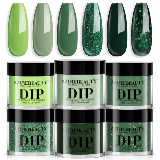 AZUREBEAUTY Dip Powder Nail Kit, St. Patrick's Day Green Sparkle, 6 Colors Avocado Dark Green Dipping Powder Starter Kit French Nail Art Manicure DIY Salon Gifts for Women, No Need Nail Lamp Cured