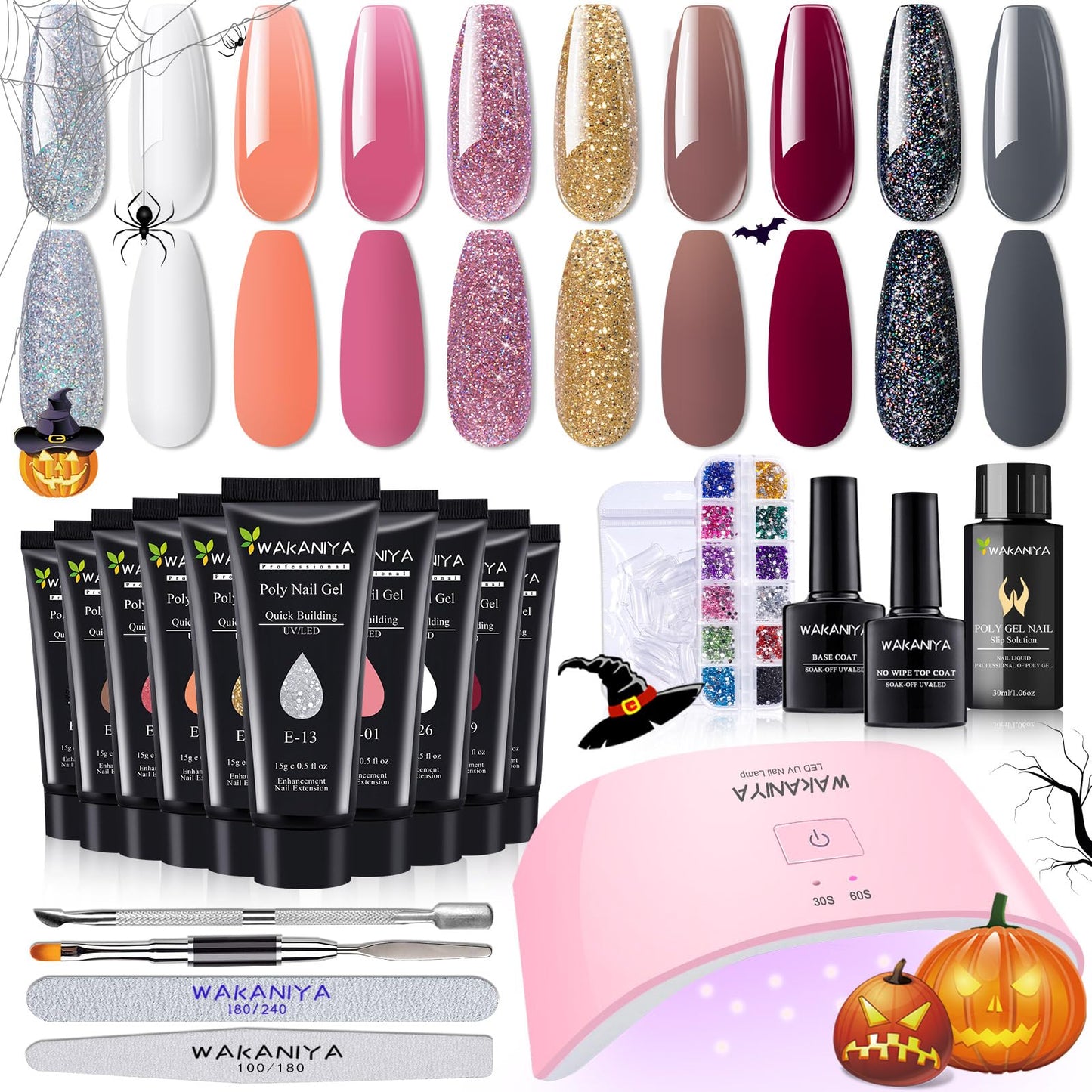 Poly Gel Nail Kit 10 Colors With UV Lamp Quick Nail Extension Gel Slip Solution Rhinestone for Nail Beginner Starter Complete Kit Sculpting DIY Home Gift Mother's Day