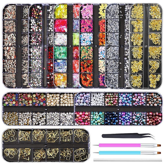 Artdone 9 boxes Nail Rhinestones,Nail Gems Nail Diamonds,Nail Art Studs Nail Crystals Nail Sequins for Nails Kit with 1 Tweezers and 3 Pen for Nail Art Supplies Accessories…