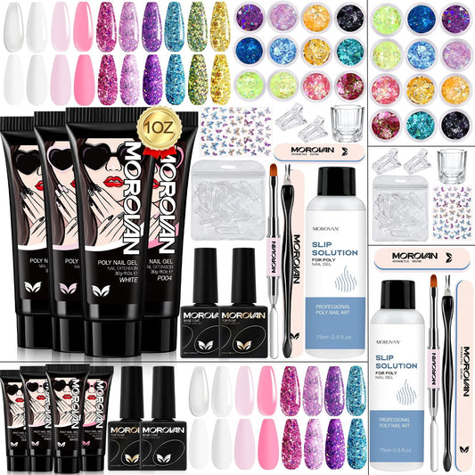 Morovan Poly Gel Nail Kit: 1 OZ Poly Nail Gel Kit 4 Colors Large Capactiy Poly Nail Extension Gel Kit - All In One Poly Gel Kits for Beginner with Everything DIY at Home