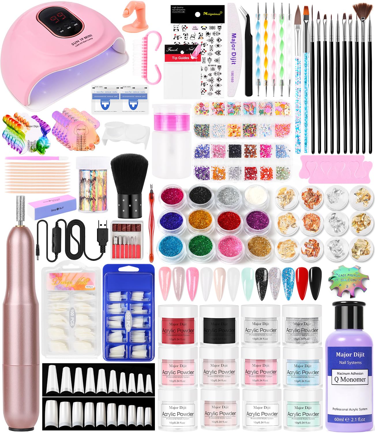 Major Dijit Acrylic Nail Kit with U V Light, 0.35 oz White Clear Pink and More 12 Colors Acrylic Powder and Liquid Kit, Electric Nail Drill Glitter Nail Art Brushes Nail Tools Acrylic Nail Kit