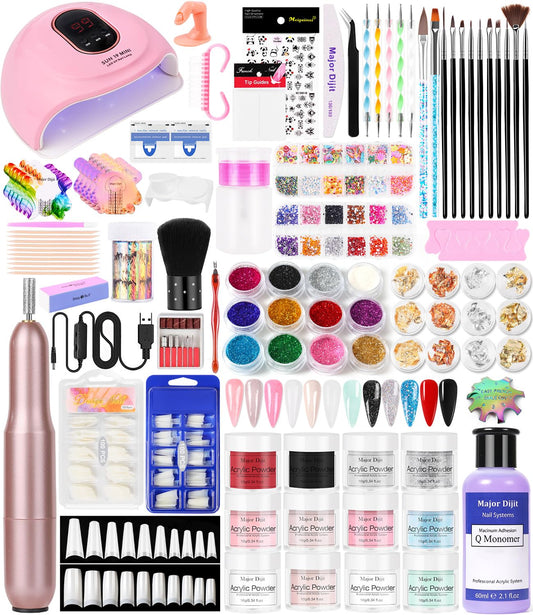 Major Dijit Acrylic Nail Kit with U V Light, 0.35 oz White Clear Pink and More 12 Colors Acrylic Powder and Liquid Kit, Electric Nail Drill Glitter Nail Art Brushes Nail Tools Acrylic Nail Kit