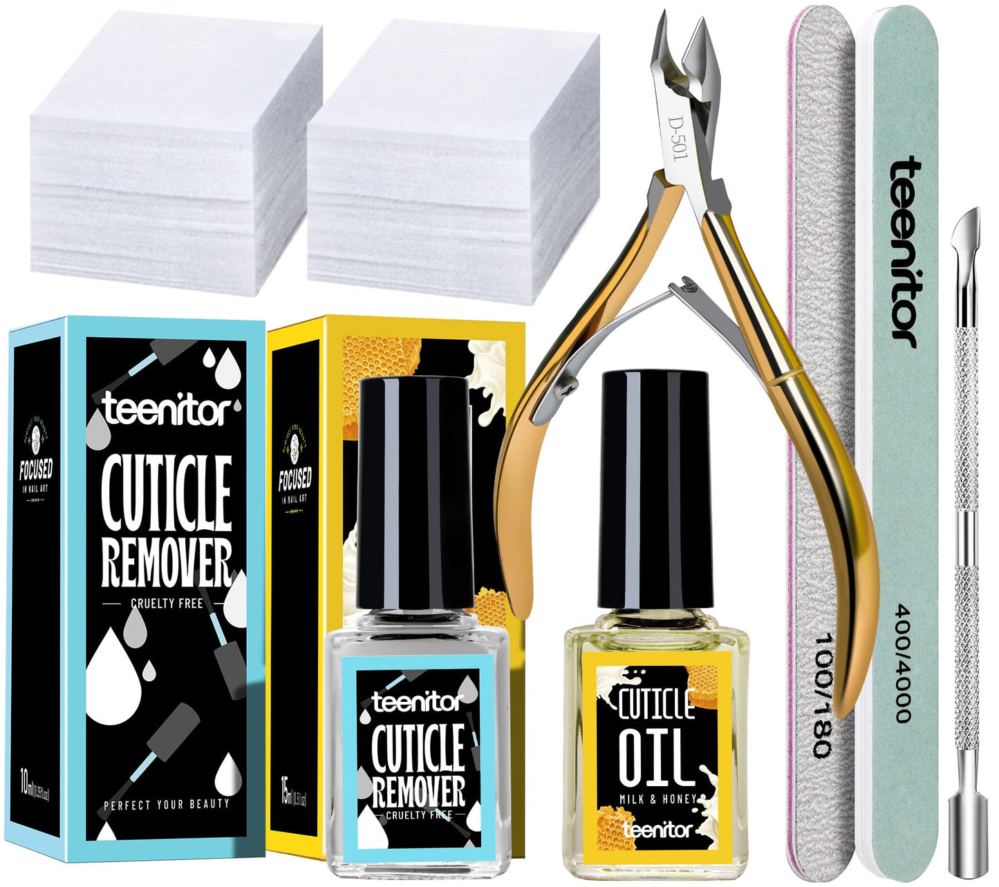 Teenitor Cuticle Remover Tools Set with Cuticle Trimmer,Cuticle Pusher, Cuticle Softener and Remover, Cuticle Oil, Nail File Buffer, Cuticle Nipper,Nail Care