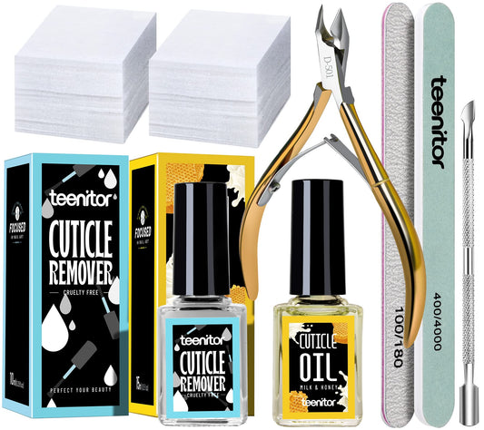 Teenitor Cuticle Remover Tools Set with Cuticle Trimmer,Cuticle Pusher, Cuticle Softener and Remover, Cuticle Oil, Nail File Buffer, Cuticle Nipper,Nail Care