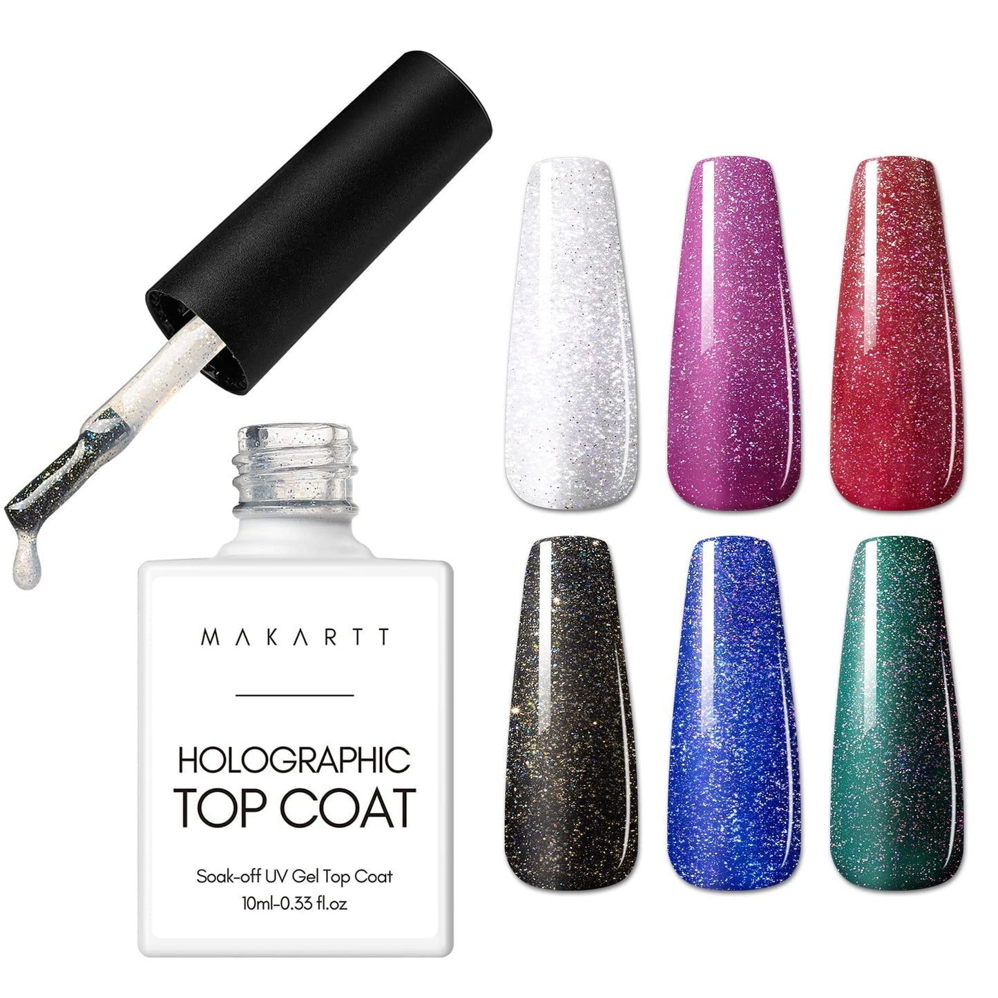 Makartt Glitter Top Coat Gel Nail Polish, No Wipe Nail Gel Top Coat Nail Polish, High Gloss Gel Coat for Acrylic Nails Soak Off Holographic Gel Top Shiny Finish Long Lasting for Nail Salon & Home DIY