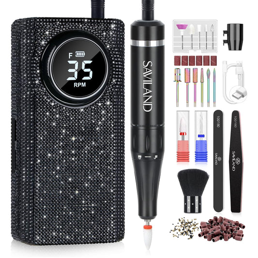 SAVILAND Electric Nail Drill Professional: Nail Drill Kit 35000RPM 13 Drill Bits Nail Tech Professional Drill Nail File Buffer Dust Brush Black Crystal Diamond Expert Salon Use Manicure Pedicure