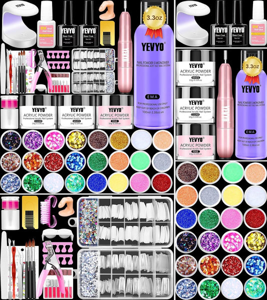 Acrylic Nail Kit with Nail Drill and UV Light, Professional Nail Kit Acrylic Set with Everything for Beginner , 24 Glitter Acrylic Powder Monomer Liquid Set with Nail Drill, Acrylic Brushes and 200