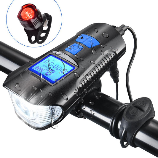 Rechargeable Bike Light Set Bike Headlight with 4 Lighting Modes - Bracket Waterproof Bicycle Front Light & Tail Light with Speedometer Odometer & Bell Controller