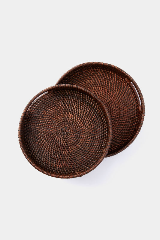 Dark Brown Rattan Round Trays Set of 2