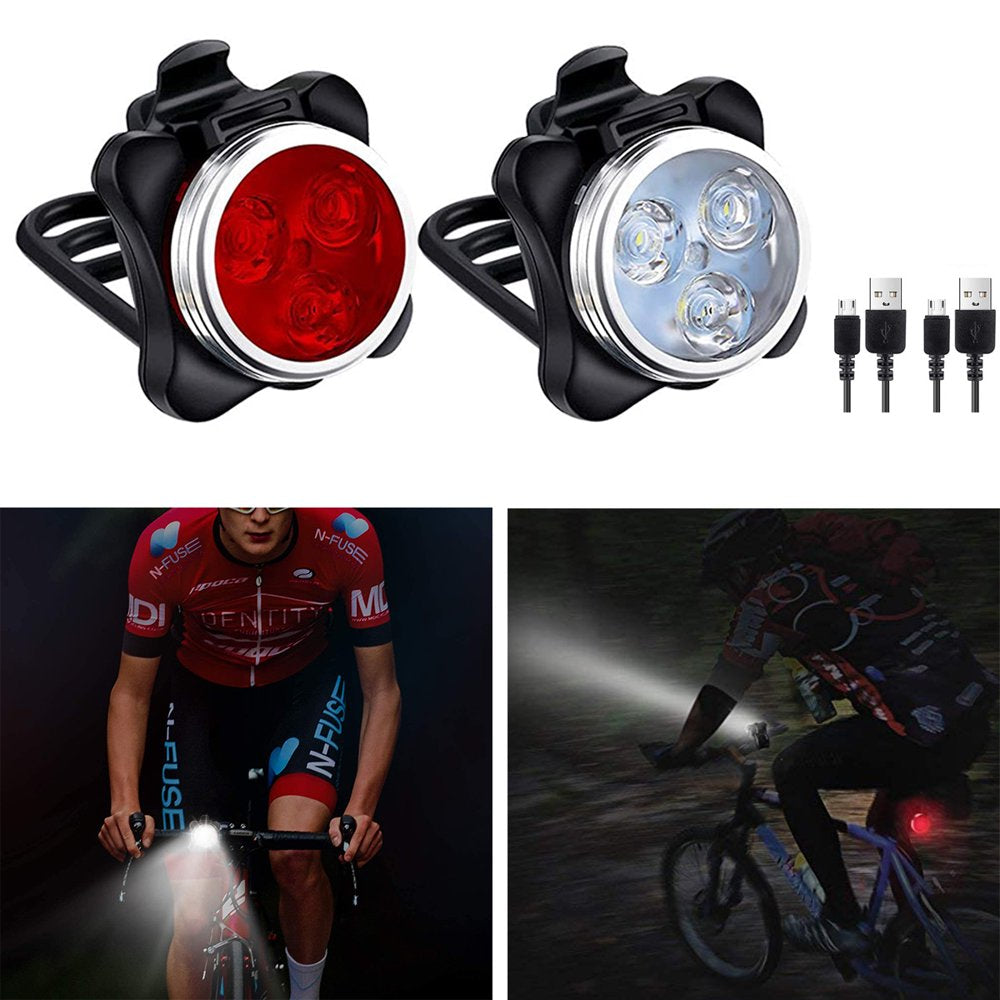 USB Rechargeable Bike Lights Set Head Light (White Light) &Tail Light (LED Red Light) for Road Bicycle Accessories